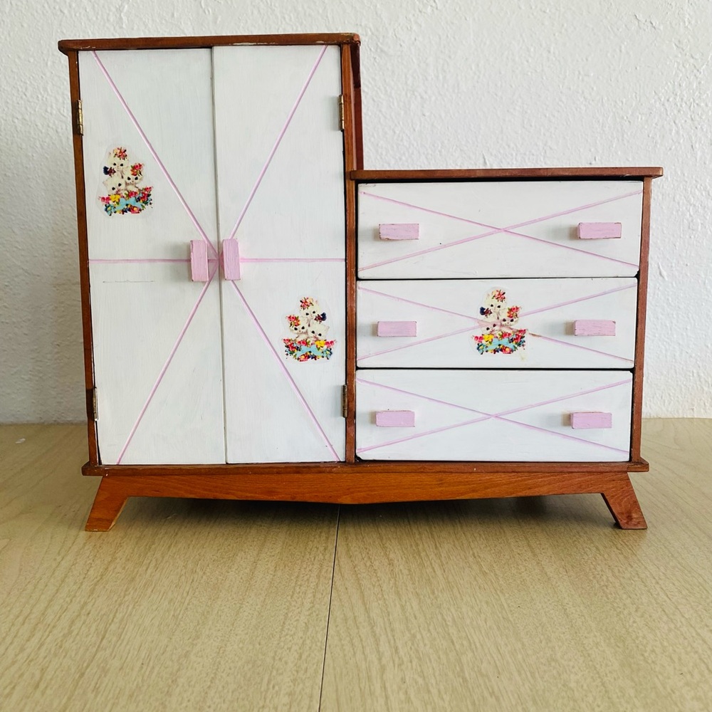Mid Century Wooden Mini Armoire Jewelry Organizer